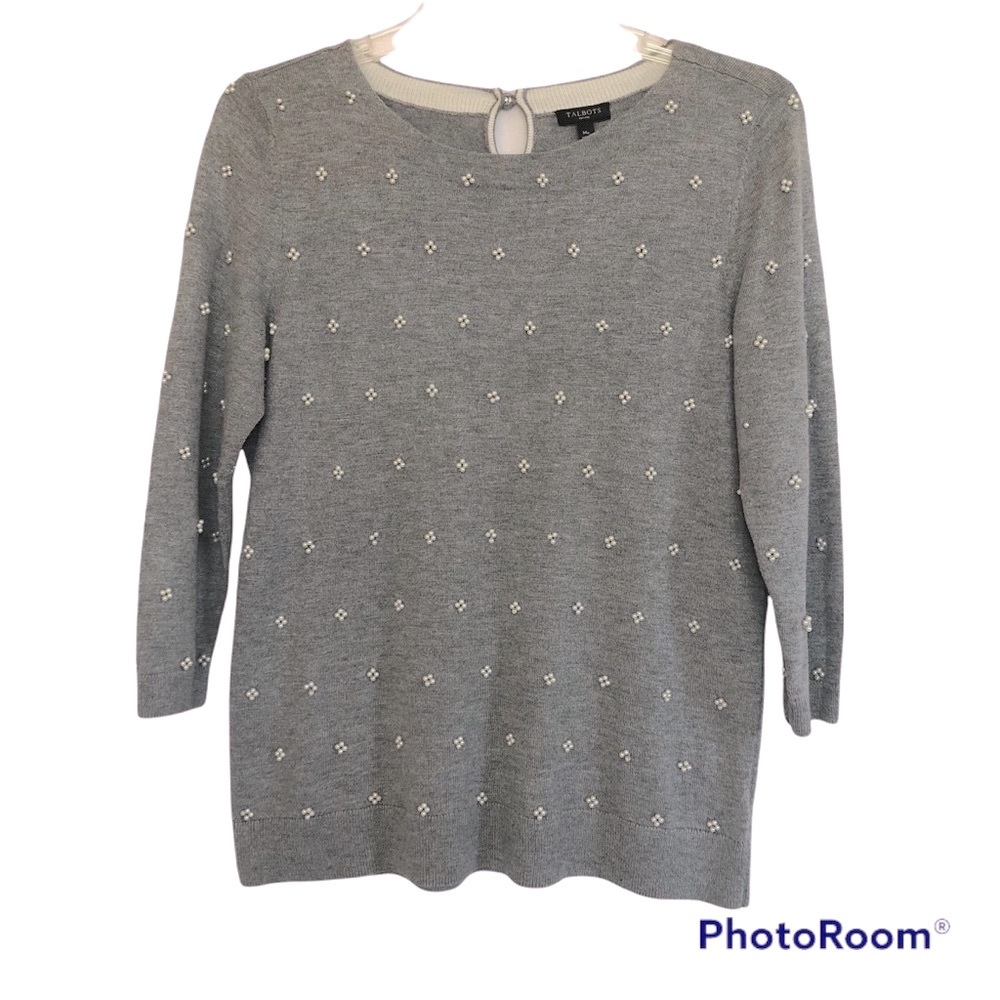 Talbots gray pearl detailed sweater size medium petite